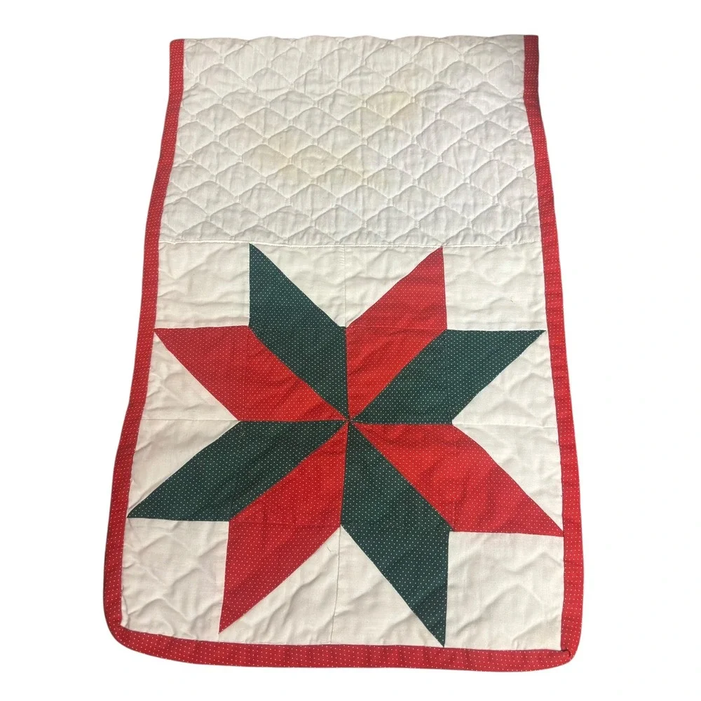 Christmas Quilted Table Runner‎ Star Pattern Red Green White Holiday Decor VTG
